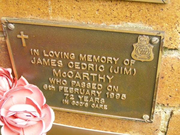 James Cedric (Jim) MCCARTHY,  | died 6 Feb 1995 aged 72 years;  | Bribie Island Memorial Gardens, Caboolture Shire  | 