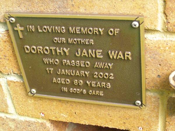Dorothy Jane WAR,  | mother,  | died 17 Jan 2002 aged 89 years;  | Bribie Island Memorial Gardens, Caboolture Shire  | 