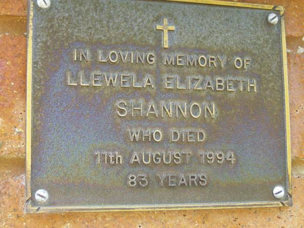 Llewela Elizabeth SHANNON,  | died 11 Aug 1994 aged 83 years;  | Bribie Island Memorial Gardens, Caboolture Shire  | 