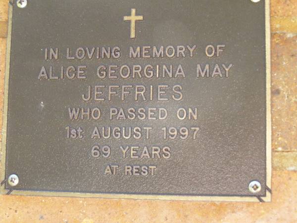 Alice Georgina May JEFFRIES,  | died 1 Aug 1997 aged 69 years;  | Bribie Island Memorial Gardens, Caboolture Shire  | 