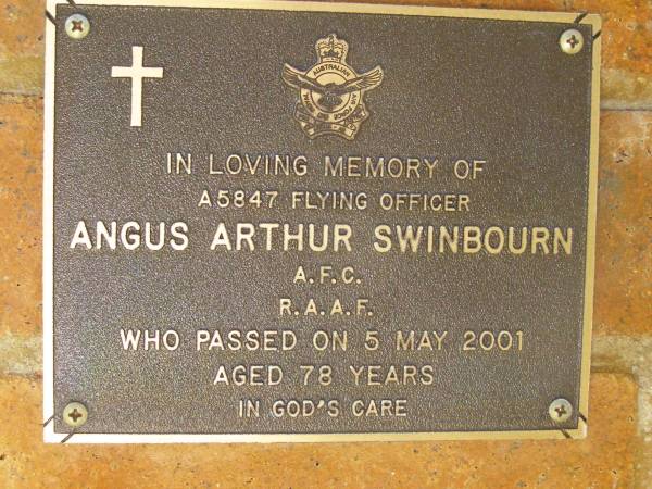 Angus Arthur SWINBOURN,  | died 5 May 2001 aged 78 years;  | Bribie Island Memorial Gardens, Caboolture Shire  | 