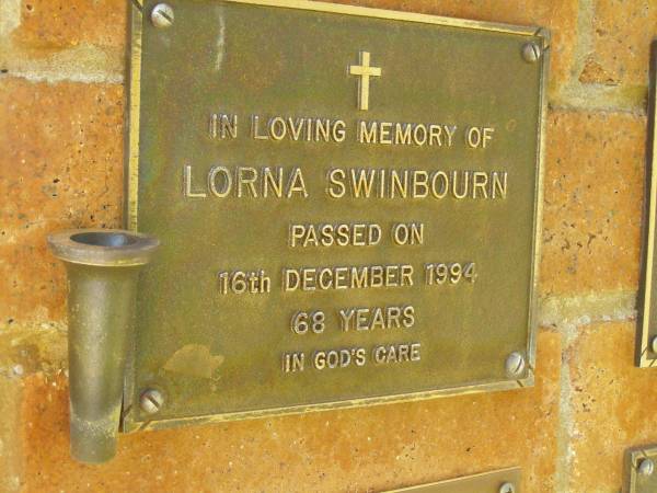 Lorna SWINBOURN,  | died 16 Dec 1994 aged 68 years;  | Bribie Island Memorial Gardens, Caboolture Shire  | 