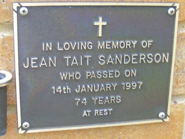 Jean Tait SANDERSON,  | died 14 Jan 1997 aged 74 years;  | Bribie Island Memorial Gardens, Caboolture Shire  | 