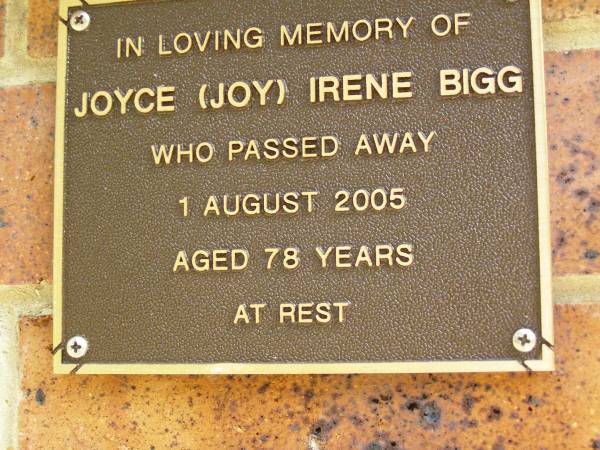 Joyce (Joy) Irene BIGG,  | died 1 Aug 2005 aged 78 years;  | Bribie Island Memorial Gardens, Caboolture Shire  | 