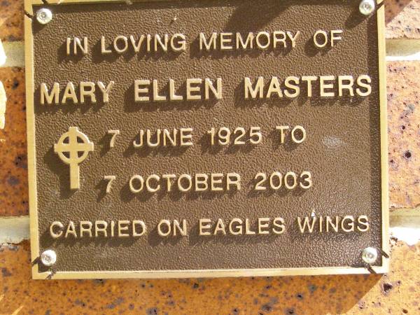 Mary Ellen MASTERS,  | 7 June 1925 - 7 Oct 2003;  | Bribie Island Memorial Gardens, Caboolture Shire  | 