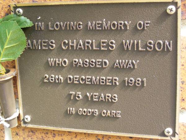 James Charles WILSON,  | died 26 Dec 1981 aged 75 years;  | Bribie Island Memorial Gardens, Caboolture Shire  | 