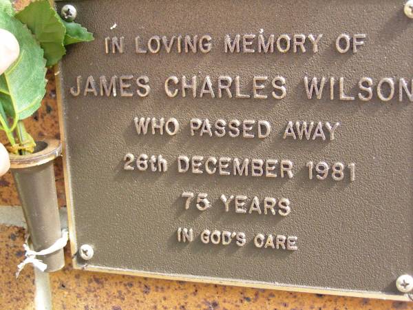 James Charles WILSON,  | died 26 Dec 1981 aged 75 years;  | Bribie Island Memorial Gardens, Caboolture Shire  | 