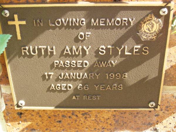 Ruth Amy STYLES,  | died 17 Jan 1998 aged 66 years;  | Bribie Island Memorial Gardens, Caboolture Shire  | 