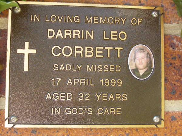 Darrin Leo CORBETT,  | died 17 April 1999 aged 32 years;  | Bribie Island Memorial Gardens, Caboolture Shire  | 