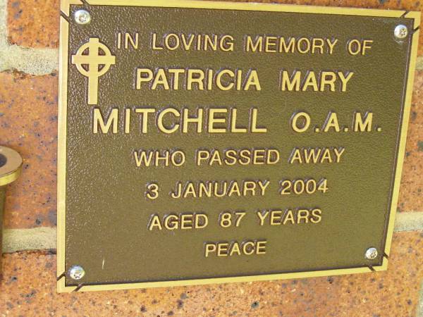 Patricia Mary MITCHELL,  | died 3 Jan 2004 aged 87 years;  | Bribie Island Memorial Gardens, Caboolture Shire  | 