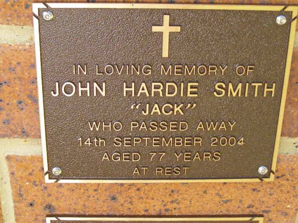 John (Jack) Hardie SMITH,  | died 14 Sept 2004 aged 77 years;  | Bribie Island Memorial Gardens, Caboolture Shire  | 