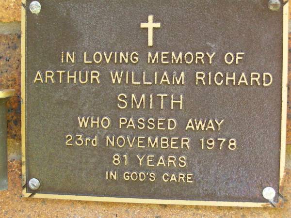 Arthur William Richard SMITH,  | died 23 Nov 1978 aged 81 years;  | Bribie Island Memorial Gardens, Caboolture Shire  | 