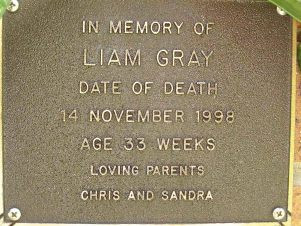 Liam GRAY,  | died 14 Nov 1998 aged 33 years,  | parents Chris & Sandra;  | Bribie Island Memorial Gardens, Caboolture Shire  | 