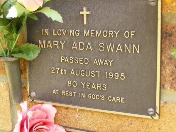 Mary Ada SWANN,  | died 27 Aug 1995 aged 80 years;  | Bribie Island Memorial Gardens, Caboolture Shire  | 