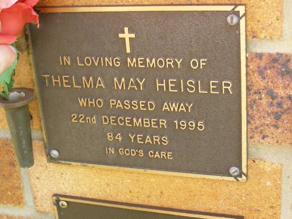 Thelma May HEISLER,  | died 22 Dec 1995 aged 84 years;  | Bribie Island Memorial Gardens, Caboolture Shire  | 