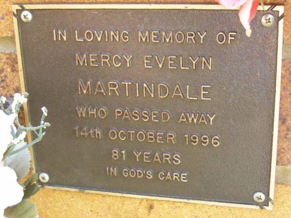 Mercy Evelyn MARTINDALE,  | died 14 Oct 1996 aged 81 years;  | Bribie Island Memorial Gardens, Caboolture Shire  | 