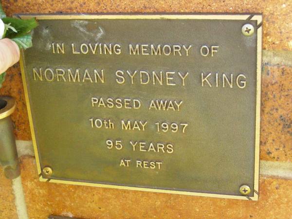 Norman Sydney KING,  | died 10 May 1997 aged 95 years;  | Bribie Island Memorial Gardens, Caboolture Shire  | 