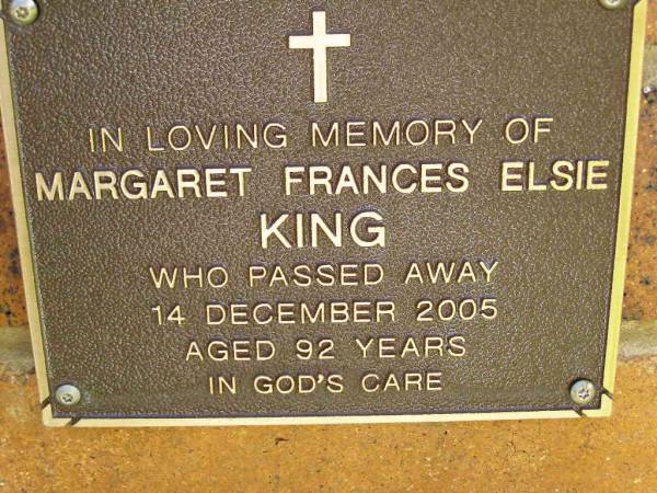 Margaret Frances Elsie KING,  | died 14 Dec 2005 aged 92 years;  | Bribie Island Memorial Gardens, Caboolture Shire  | 