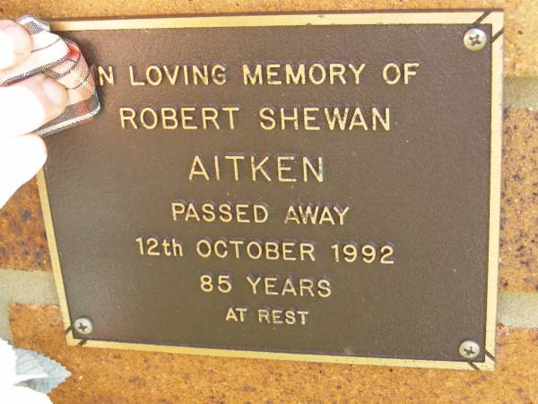Robert Shewan AITKEN,  | died 12 Oct 1992 aged 85 years;  | Bribie Island Memorial Gardens, Caboolture Shire  | 