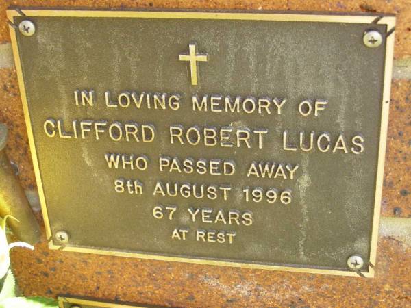 Clifford Robert LUCAS,  | died 8 Aug 1996 aged 67 years;  | Bribie Island Memorial Gardens, Caboolture Shire  | 