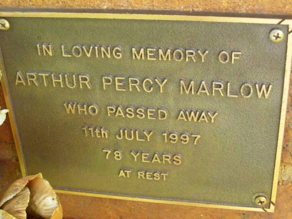 Arthur Percy MARLOW,  | died 11 July 1997 aged 78 years;  | Bribie Island Memorial Gardens, Caboolture Shire  | 