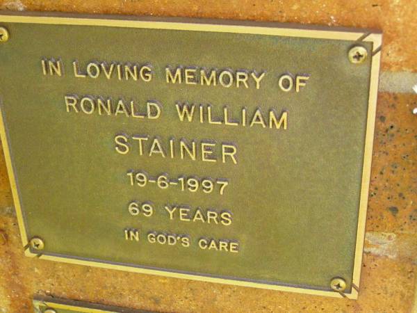 Ronald William STAINER,  | died 19-6-1997 aged 69 years;  | Bribie Island Memorial Gardens, Caboolture Shire  | 