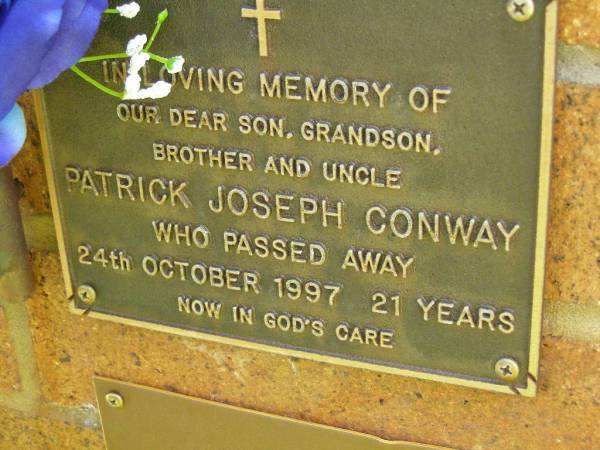 Patrick Joseph CONWAY,  | son grandson brother uncle,  | died 24 Oct 1997 aged 21 years;  | Bribie Island Memorial Gardens, Caboolture Shire  | 