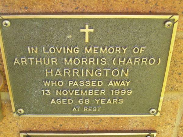 Arthur Morris (Harro) HARRINGTON,  | died 13 Nov 1999 aged 68 years;  | Bribie Island Memorial Gardens, Caboolture Shire  | 