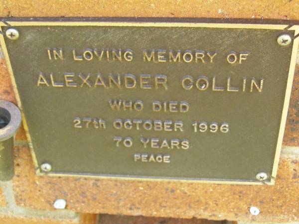 Alexander COLLIN,  | died 27 Oct 1996 aged 70 years;  | Bribie Island Memorial Gardens, Caboolture Shire  | 