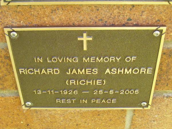 Richard James (Richie) ASHMORE,  | 13-11-1926 - 25-5-2005;  | Bribie Island Memorial Gardens, Caboolture Shire  | 