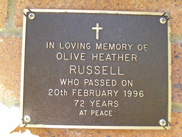 Olive Heather RUSSEL,  | died 20 Feb 1996 aged 72 years;  | Bribie Island Memorial Gardens, Caboolture Shire  | 