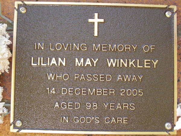 Lilian May WINKLEY,  | died 14 Dec 2005 aged 98 years;  | Bribie Island Memorial Gardens, Caboolture Shire  | 