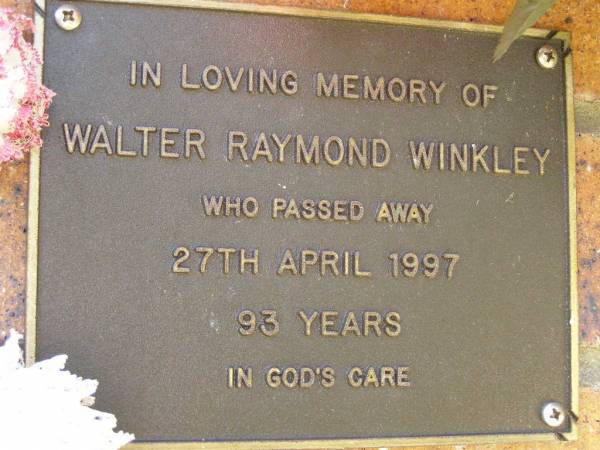 Walter Raymond WINKLEY,  | died 27 April 1997 aged 93 years;  | Bribie Island Memorial Gardens, Caboolture Shire  | 