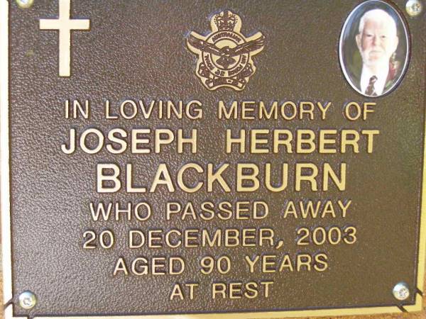 Joseph Herbert BLACKBURN,  | died 20 Dec 2003 aged 90 years;  | Bribie Island Memorial Gardens, Caboolture Shire  | 