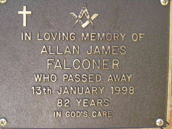 Allan James FALCONER,  | died 13 Jan 1998 aged 82 years;  | Bribie Island Memorial Gardens, Caboolture Shire  | 