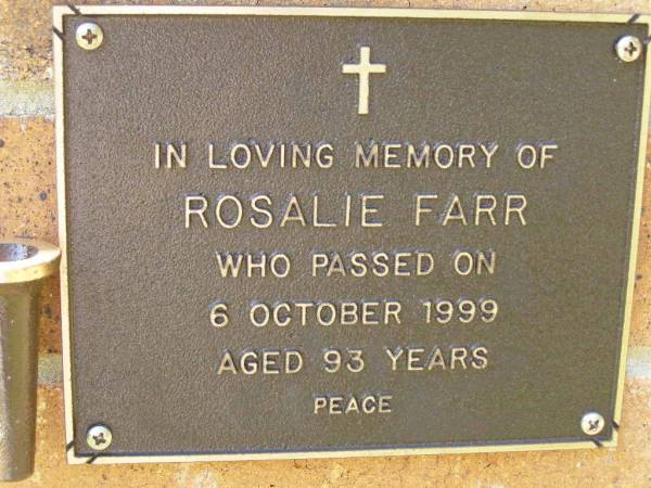Rosalie FARR,  | died 6 Oct 1999 aged 93 years;  | Bribie Island Memorial Gardens, Caboolture Shire  | 