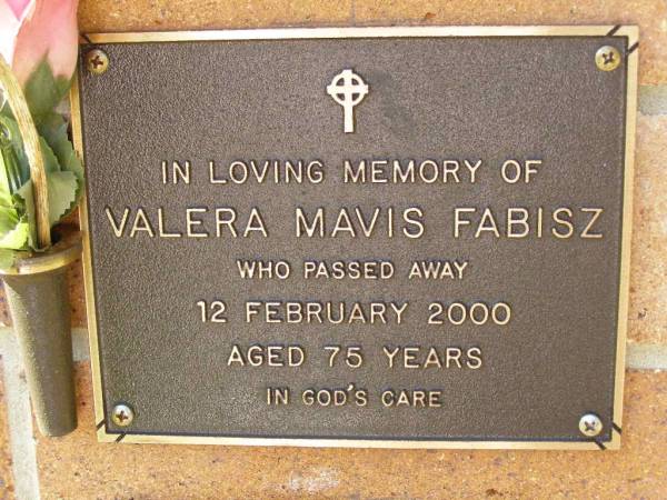 Valera Mavis FABISZ,  | died 12 Feb 2000 aged 75 years;  | Bribie Island Memorial Gardens, Caboolture Shire  | 