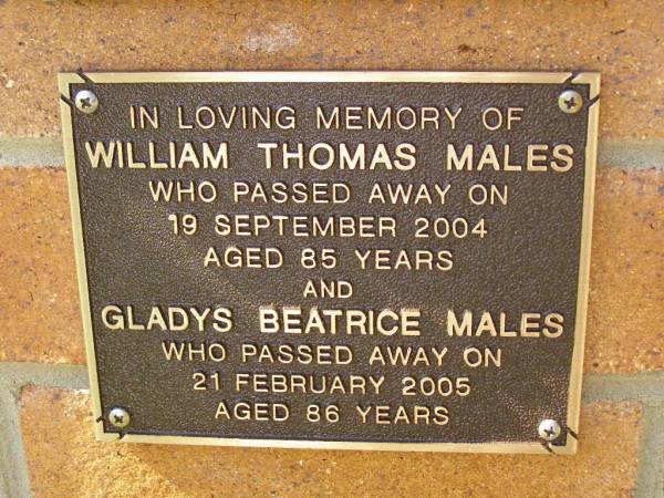 William Thomas MALES,  | died 19 Sept 2004 aged 85 years;  | Gladys Beatrice MALES,  | died 21 Feb 2005 aged 86 years;  | Bribie Island Memorial Gardens, Caboolture Shire  | 