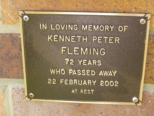 Kenneth Peter FLEMING,  | died 22 Feb 2002 aged 72 years;  | Bribie Island Memorial Gardens, Caboolture Shire  | 