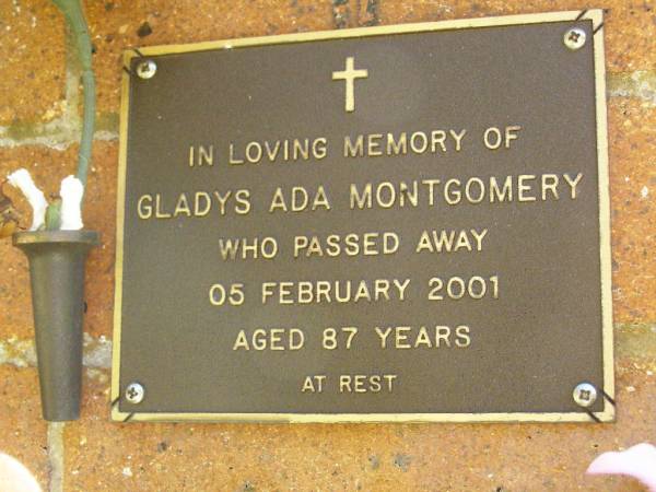 Gladys Ada MONTGOMERY,  | died 5 Feb 2001 aged 87 years;  | Bribie Island Memorial Gardens, Caboolture Shire  | 