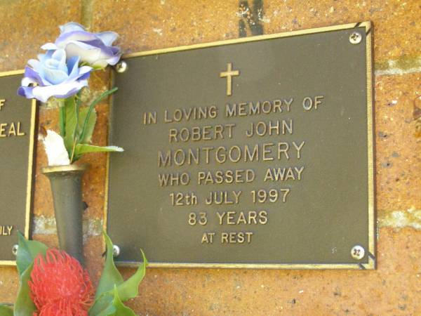 Robert John MONTGOMERY,  | died 12 July 1997 aged 83 years;  | Bribie Island Memorial Gardens, Caboolture Shire  | 