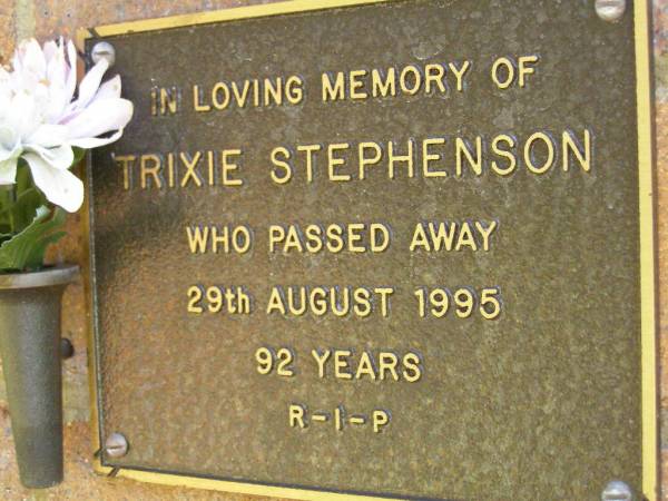 Trixie STEPHENSON,  | died 29 Aug 1995 aged 92 years;  | Bribie Island Memorial Gardens, Caboolture Shire  | 