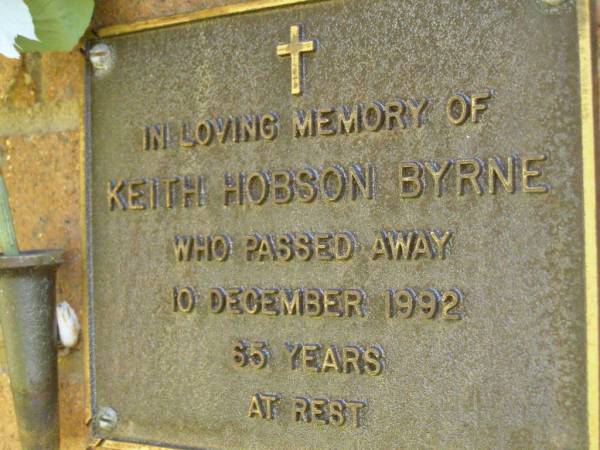 Keith Hobson BYRNE,  | died 10 Dec 1992 aged 65 years;  | Bribie Island Memorial Gardens, Caboolture Shire  | 