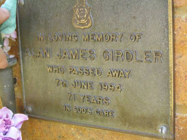 Alan James GIRDLER,  | died 7 June 1994 aged 71 years;  | Bribie Island Memorial Gardens, Caboolture Shire  | 