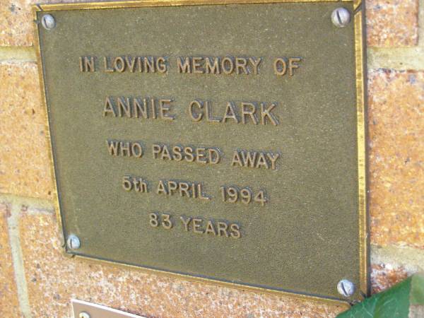 Annie CLARK,  | died 5 April 1994 aged 83 years;  | Bribie Island Memorial Gardens, Caboolture Shire  | 