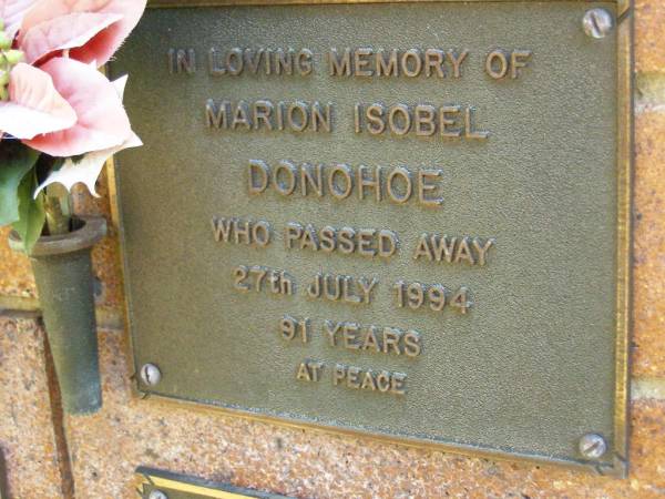 Marion Isobel DONOHOE,  | died 27 July 1994 aged 91 years;  | Bribie Island Memorial Gardens, Caboolture Shire  | 