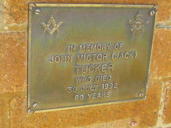 John Victor (Jack) TUCKER,  | died 30 July 1992 aged 89 years;  | Bribie Island Memorial Gardens, Caboolture Shire  | 