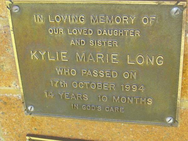 Kylie Marie LONG,  | daughter sister,  | died 17 Oct 1994 aged 14 years 10 months;  | Bribie Island Memorial Gardens, Caboolture Shire  | 