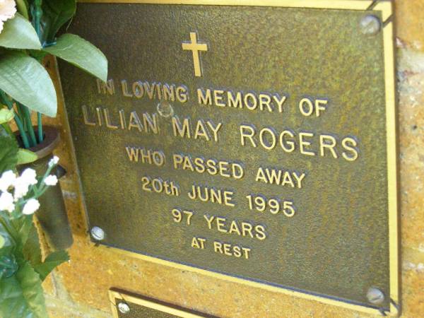 Lilian May ROGERS,  | died 20 June 1995 aged 97 years;  | Bribie Island Memorial Gardens, Caboolture Shire  | 