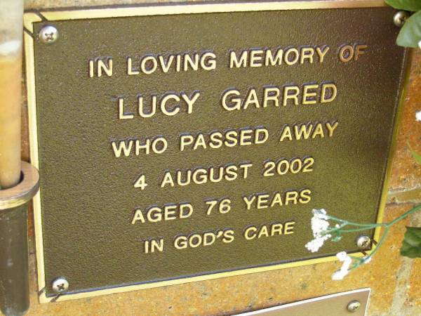 Lucy GARRED,  | died 4 Aug 2002 aged 76 years;  | Bribie Island Memorial Gardens, Caboolture Shire  | 